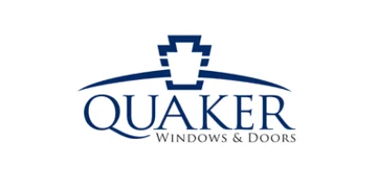 Quaker Windows & Doors logo with blue text and a stylized keystone shape above the company name.