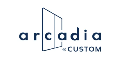 Arcadia Custom logo with stylized door graphic and arcadia CUSTOM text in dark blue on a white background.